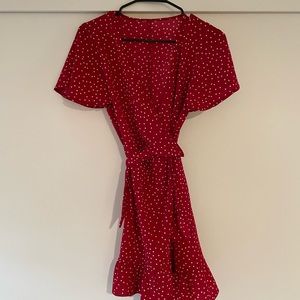 Red polka dot wrap dress